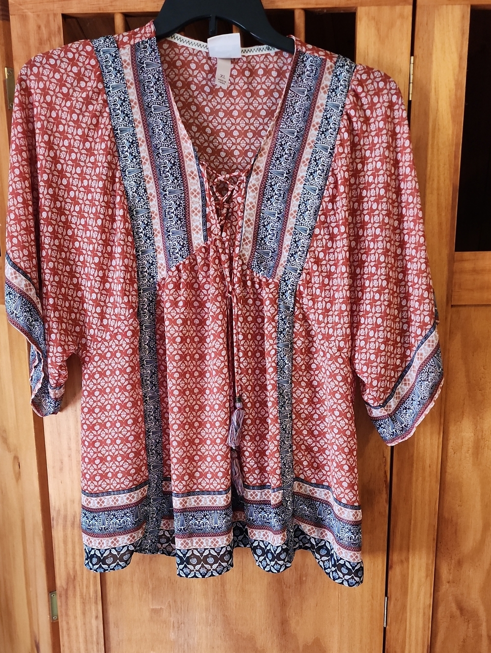 Knox Rose Rust and Navy Printed Tie-Front Boho Tunic